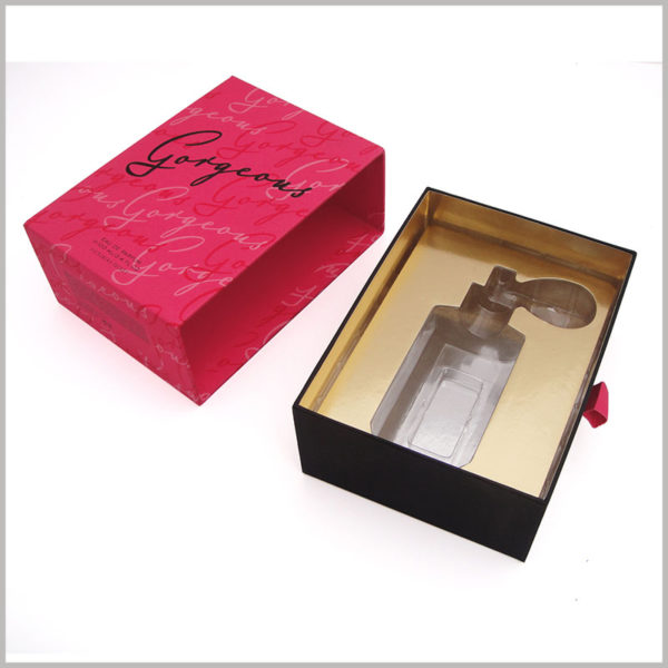 drawer packaging for 100ml perfume sample box. Fixing the perfume inside the box is one of the effective ways to keep the product stable. Blister with laminated gold cardboard can be used as an insert inside the box.