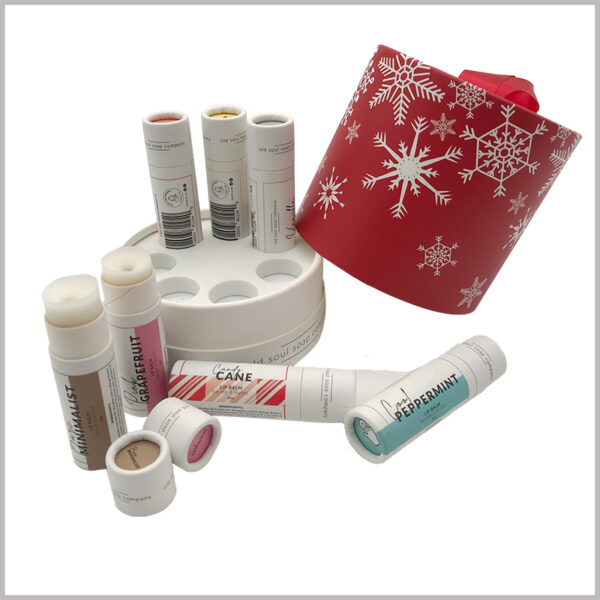 eco friendly tube packaging for lip balm of 7 bottle,The main design of the paper tube is based on Christmas red and snowflakes, which makes it easier for people to feel the joy of Christmas gifts.