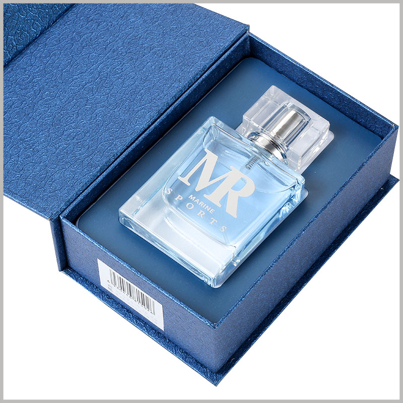 empty cardboard boxes for 50ml perfume bottle packaging. Dark blue is the theme of perfume packaging, and EVA is inserted inside the box to fix the perfume.