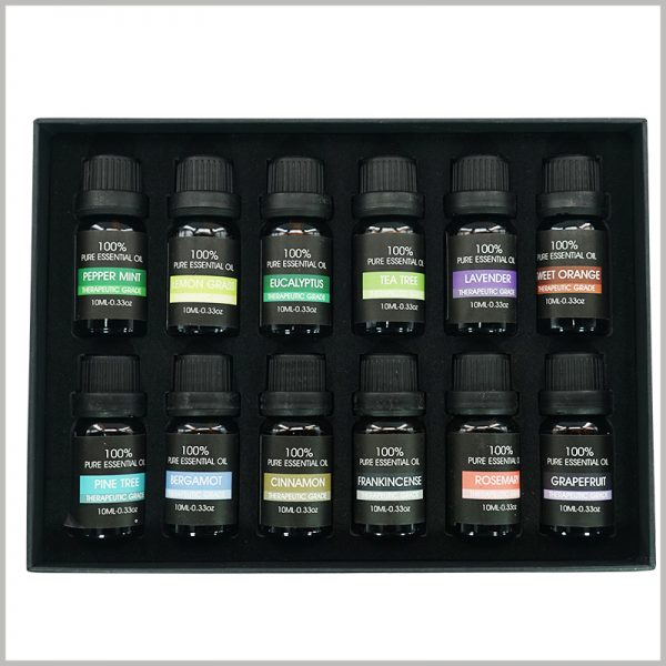 essential oil packaging with EVA insert. The 12 bottles of essential oils are arranged in 2 rows in the package, with 6 bottles in each row, neatly arranged.