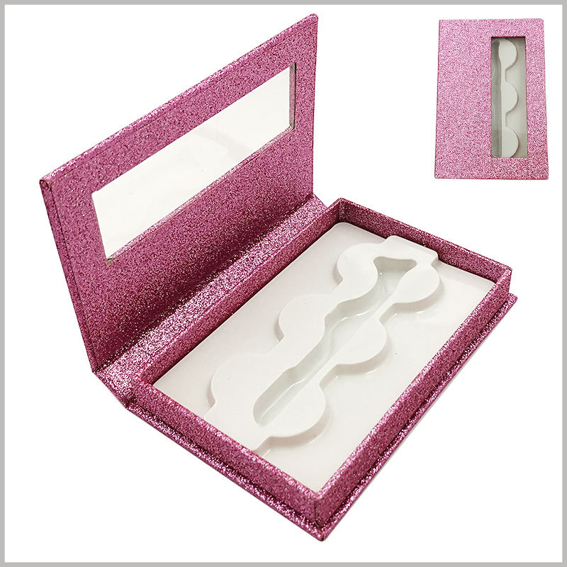 false eyelash packaing box with window for lot of 3 pairs. The purple cosmetic boxes packaging has a sense of fashion, which can increase or decrease the attractiveness of the product.