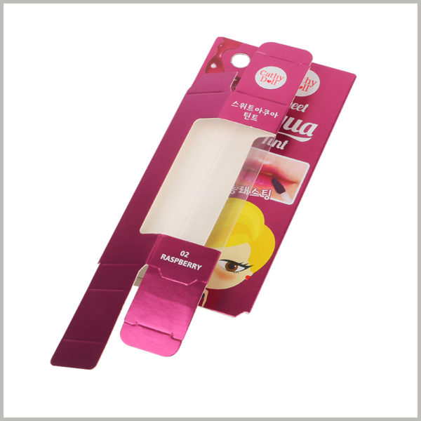 foldable Single lip gloss packaging boxes with windows. Lip gloss packaging has a unique design and is foldable, which will reduce the space occupied by the packaging when it is idle.
