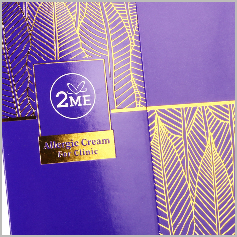 Custom foldable allergic cream packaging box with emboss printing.Exquisite, high-end packaging with clear golden patterns and extremely luxurious feel.