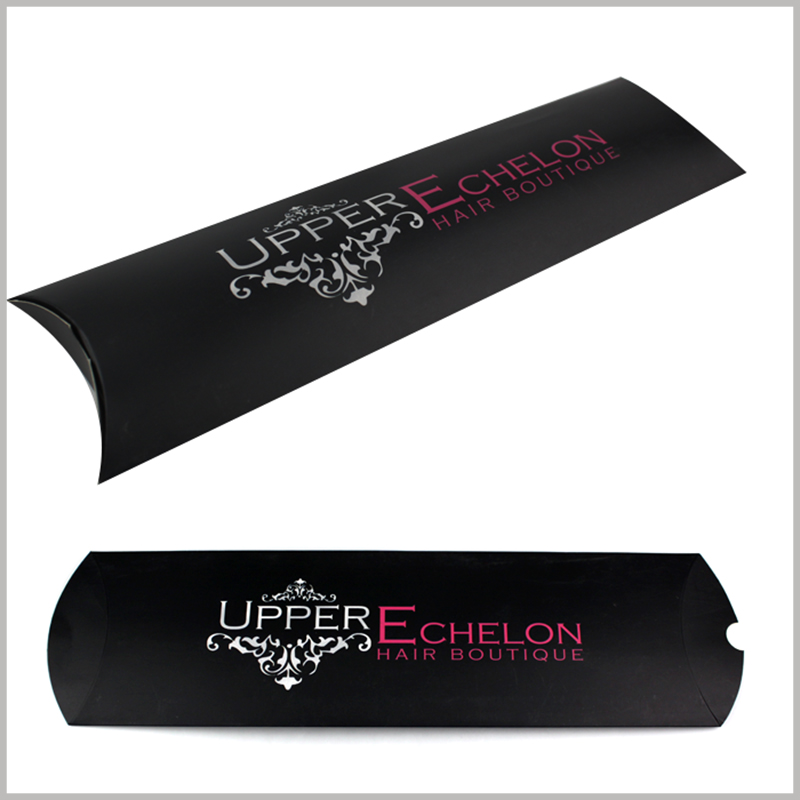 foldable black pillow boxes for hair extension packaging.The packaging design is simple, but the printed text on the product packaging will clearly surface the product characteristics inside the packaging