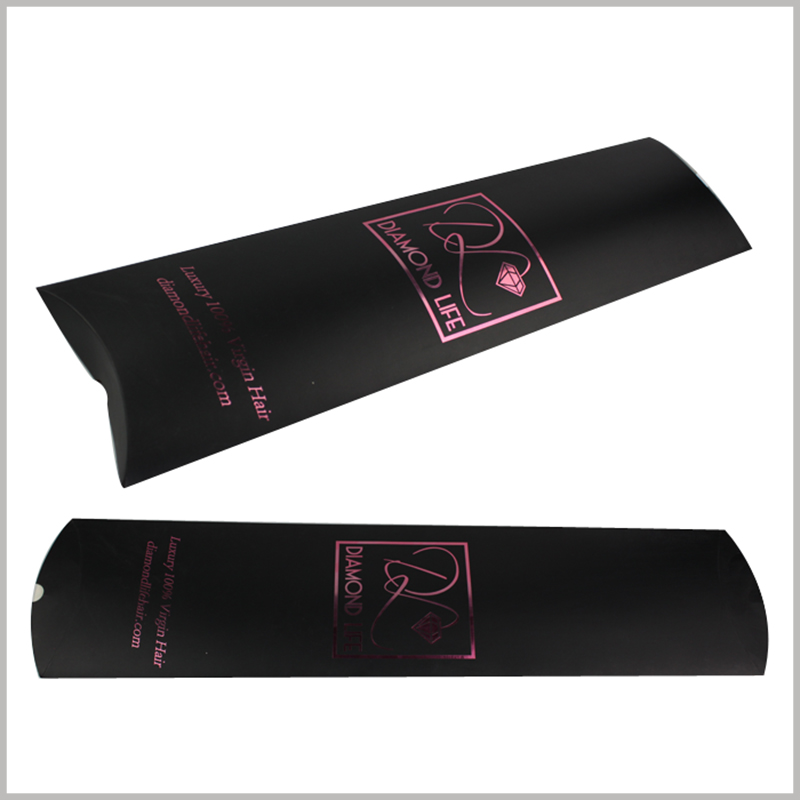 Custom foldable black pillow boxes for hair packaging.This black pillow boxes can be folded. After folding, it can reduce the occupation of space and reduce the transportation cost of packaging.