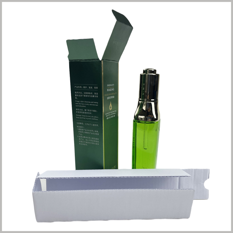 foldable essential oil packaging with corrugated insert. Essential oil packaging and corrugated paper cards can be completely folded, which can reduce international transportation costs.