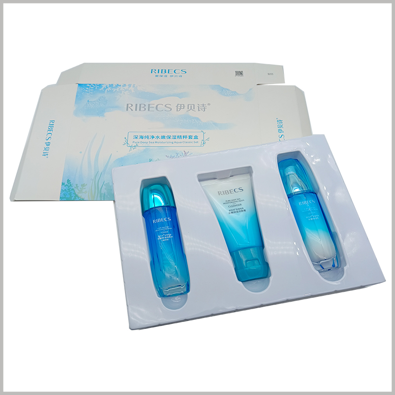 foldable skincare products packaging with blister insert. The skin care product packaging uses 350gsm single powder paper and white blister as raw materials, which reduces the packaging manufacturing cost.