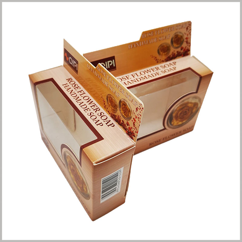 foldable small soap boxes with window. A bar code is printed on the side of the customized soap package, which can be used to identify the authenticity of the product.