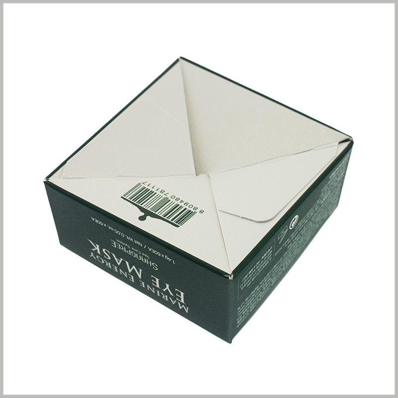 foldable small square skin care boxes for eye mask packaging.On the bottom of the small box, print a barcode to identify the product