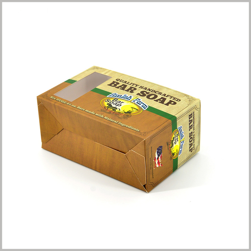 foldable soap packaging boxes wholesale. Brown and yellow are the main colors of packaging design, making soap boxes look more classic.