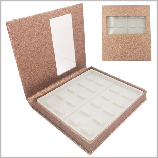 gold False eyeslash packaging box with window for pack of 10 pairs. The shiny golden cardboard packaging is equipped with a blister for fixing false eyelashes, which can be directly used to store and sell eyelash products.