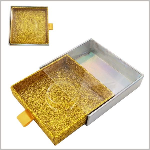 gold Glittering square cardboard drawer eyelash boxes with windows. The square false eyelash packaging takes up little space and is easy to carry and use.