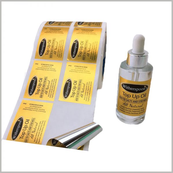 gold foil labels for essential oil. Customized labels are waterproof and oil resistant, which improves the durability of the labels and is more conducive to long-term product promotion.