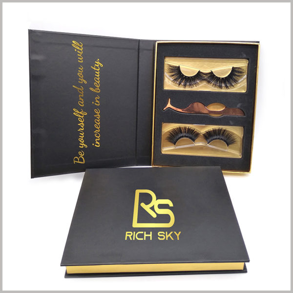 high end black cardboard packaging for eyelashes gift set,Bronzing printing on the front of custom boxes, which reflects the brand logo, name and promotional slogan that need to be displayed to consumers