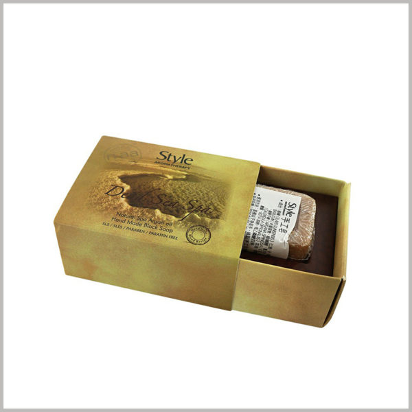 high-end Small drawer packaging for single soap boxes.The high-end box has a brown appearance, and the inner tray formed by cardboard is used to fix the handmade soap.