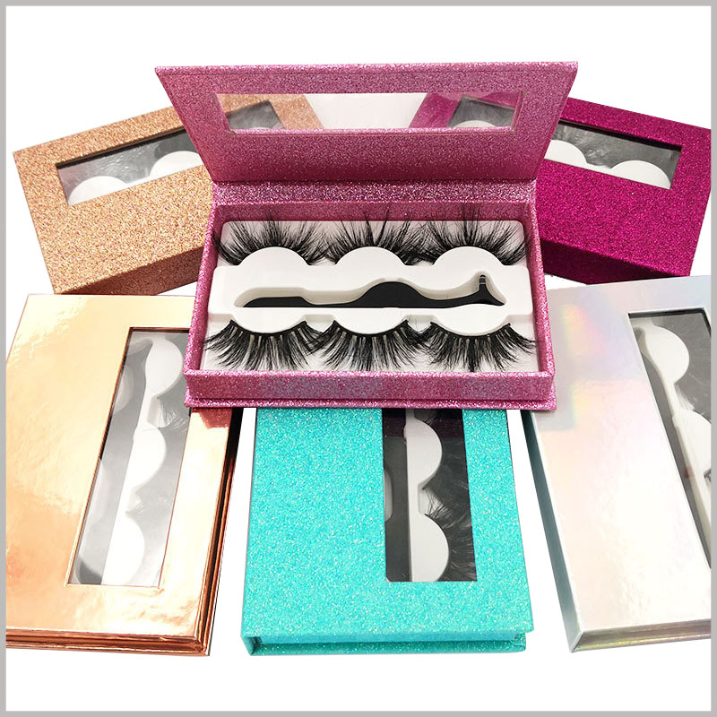 high end shiny eyelash packaing box with window for lot of 3 pairs