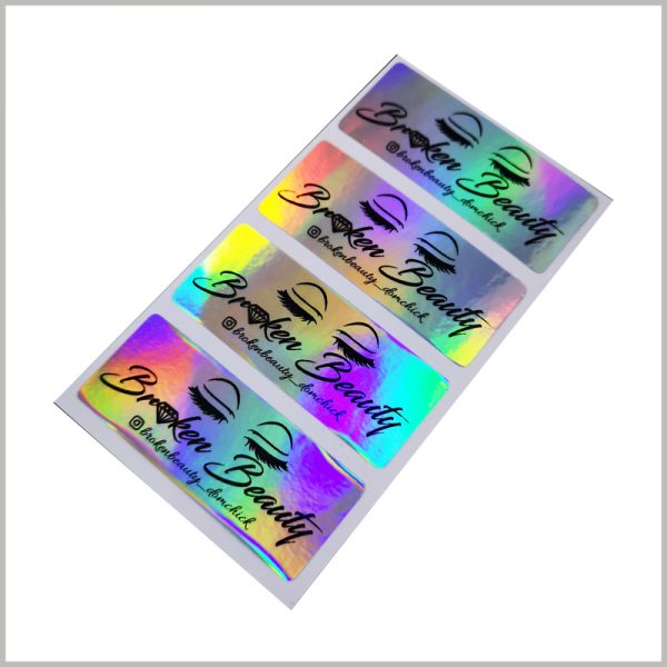 hologram eyelash packaging labels.The laser paper will have different colors and gloss when viewed from different visual angles, which is very attractive.