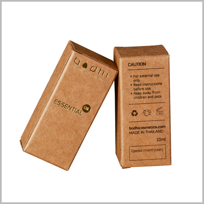 kraft paper packaging for 10ml essential oil boxes. In addition to the brand information formed by bronzing printing, the customized essential oil packaging also has detailed information formed by CMYK printing.