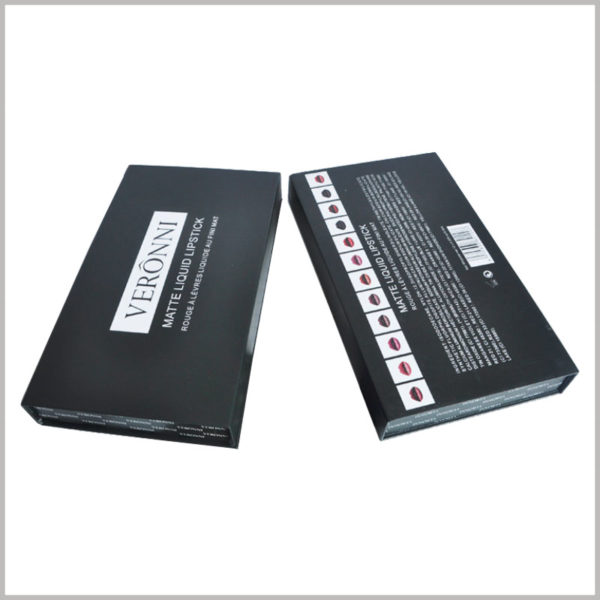 large black boxes for lip gloss packaging. The brand name and product name are printed on the front of the cosmetic packaging, which is a very simple packaging style.