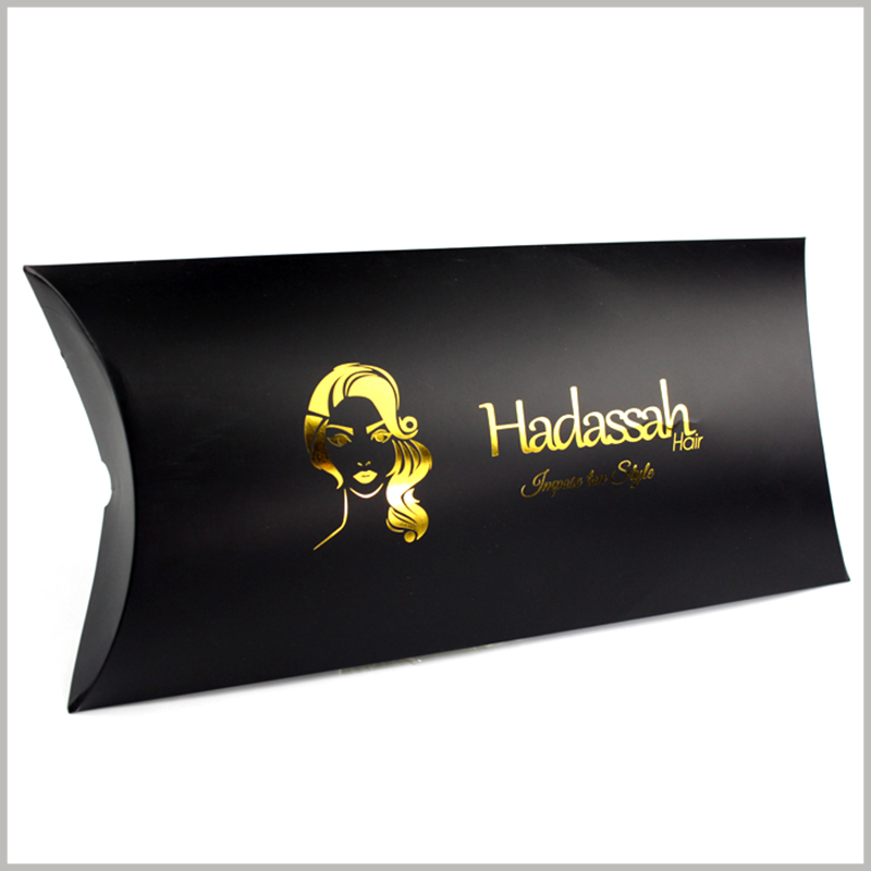 luxury black hair extension packaging with bronzing printing.Pillow boxes is a custom packaging that is very convenient to open and fold, suitable for packing wigs