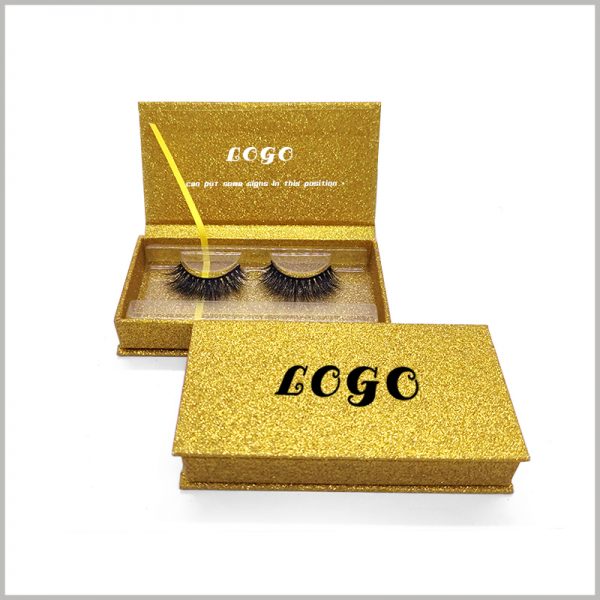 luxury cardboard boxes for eyelash packaging.Gold cardboard and U gold powder make the packaging very luxurious, and consumers will think that the packaging and eyelashes are both high-end and valuable.