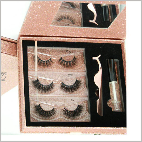 luxury eyelash packaging boxes set with mirror wholesale,The inside of the gift boxes can hold three different types of eyelashes, which are fixed with clear blister.