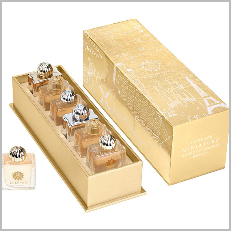 Luxury perfume boxes packaging for 6 bottles. The EVA plug-in fixes 6 bottles of perfume so that it will not shake, which is a good protection for fragile perfume bottles.