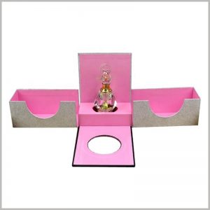 luxury perfume packaging with windows. The interior of the custom perfume box is pink, which is attractive to women.