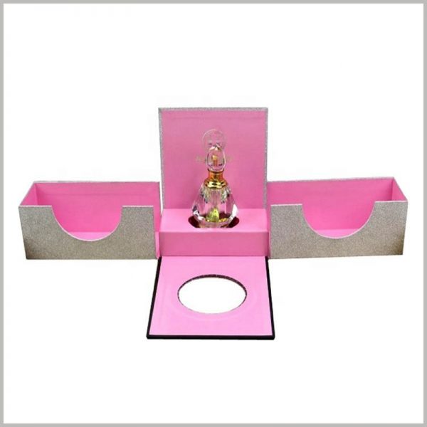 luxury perfume packaging with windows. The interior of the custom perfume box is pink, which is attractive to women.