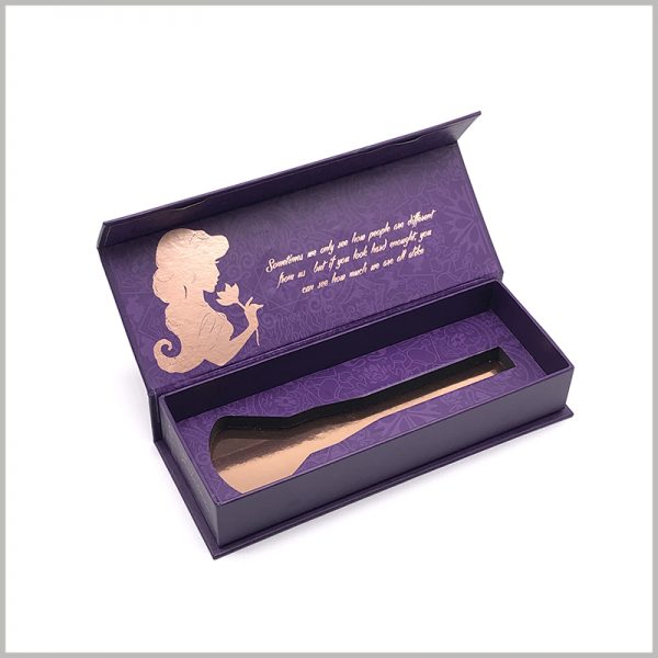luxury single makeup brush packaging. The inside of the cover of the customized cosmetics package has patterns and text messages formed by bronzing printing, which is more conducive to product promotion.