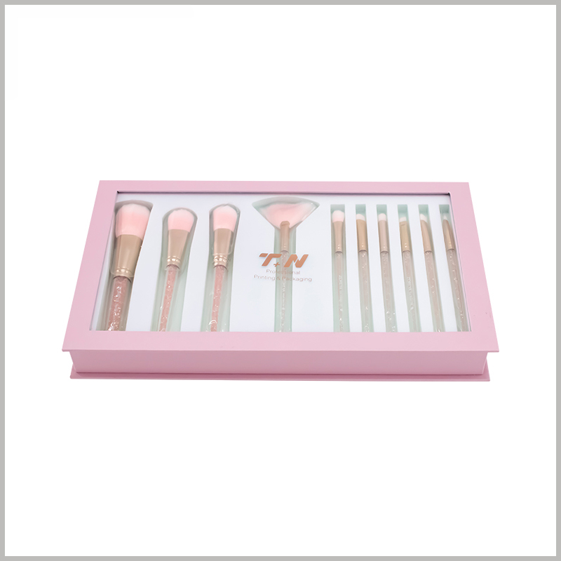 makeup brushes packaging for 10 stick with windows. The cosmetic packaging uses pink as the theme, which is very cute and easy to be accepted by women.