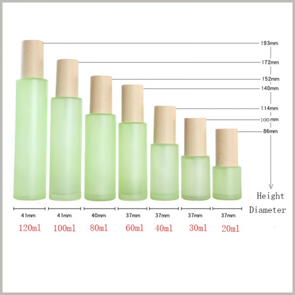 order green glass bottles for skin care products.You can understand the capacity of different bottles through the content shown in the chart.