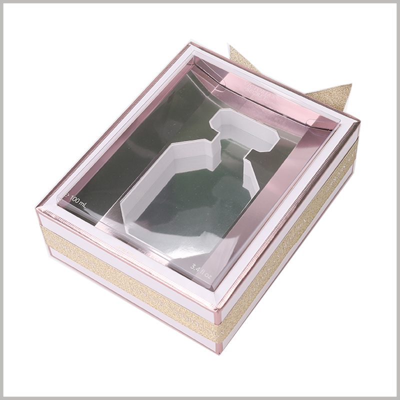 perfume gift boxes wholesale. The top of the custom perfume box uses pvc as the lid, allowing customers to directly see the perfume inside the package.