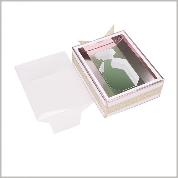 Perfume gift boxes with windows wholesale. The top cover of the custom perfume box packaging is made of clear pvc as the material.