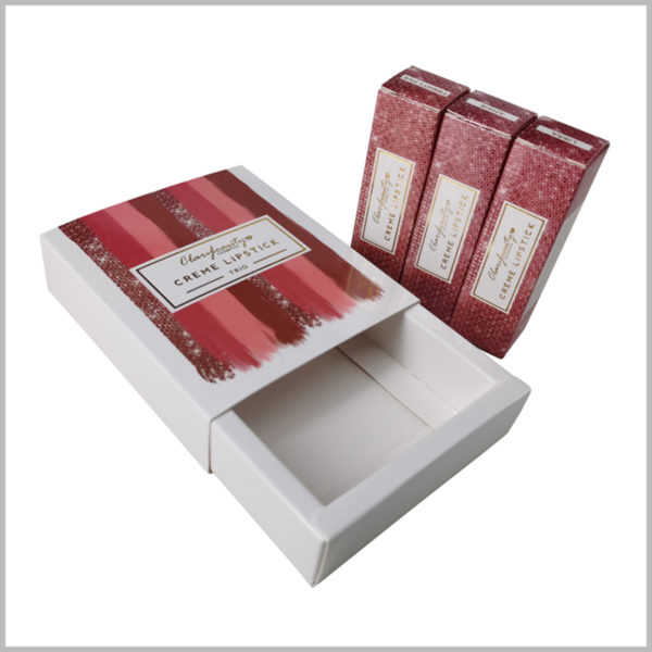 printed cosmetic boxes for creme lipstick packaging. The independent small lipstick packaging and drawer boxes use 350gsm single powder paper as raw materials, which makes the manufacturing cost of the packaging very low.