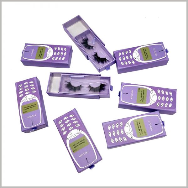 purple cell phone eyelash packaging box with windows. The purple-themed beauty makeup boxes are attractive to women and can help the brand gain more customers.