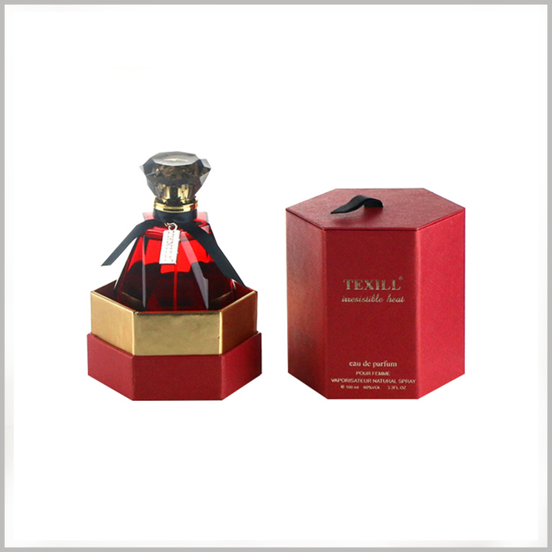red hexagon packaging for perfume boxes. The inner base of the package has inserts, which can enhance the role of the package to fix and protect the perfume.