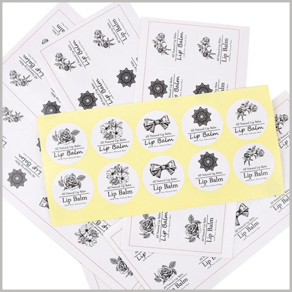 round white printable labels for lip balm.The lip balm label has a round structure, can print content, and has a high viscosity.