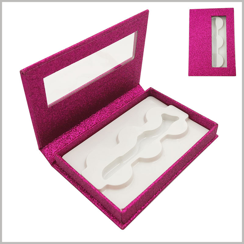 shiny and luxury eyelash packaing box with window for lot of 3 pairs. The red false eyelash packaging has a sense of fashion and is very popular among female customers.