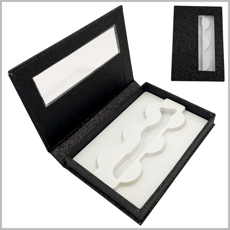 shiny black eyelash packaing box with window for lot of 3 pairs. Black false eyelash packaging is very rare, but it also has a good publicity effect and is suitable for specific people.