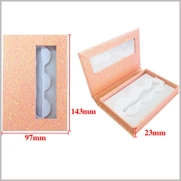shiny eyelash packaing boxes with window for lot of 3 pairs. Box size: L143xW97xH23mm, Material: 1000GSM Cardboard + Texture Paper + Plastic Tray, Weight 85gsm
