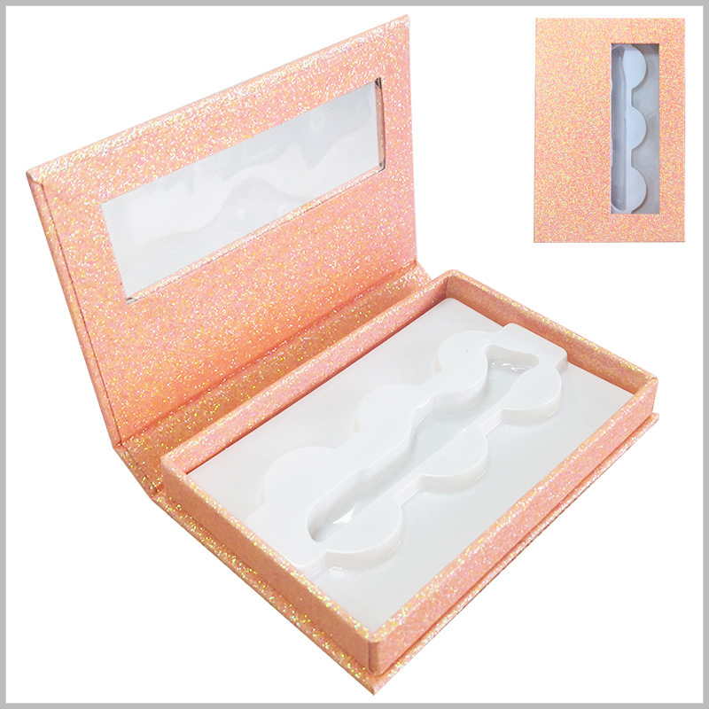 shiny false eyelash packaing box with window for lot of 3 pairs. Pink gold eyelash boxes are very fashionable and will promote the value and price of false eyelash products.