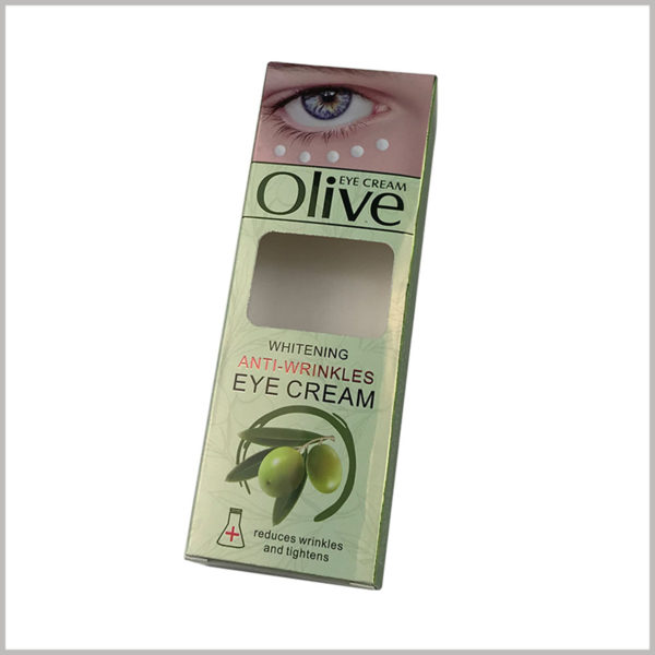 Custom skin care boxes for eye cream packaging.Eyes, olives, and other elements are selected on the package to help consumers determine whether this is an eye cream with milk olives through the pattern.