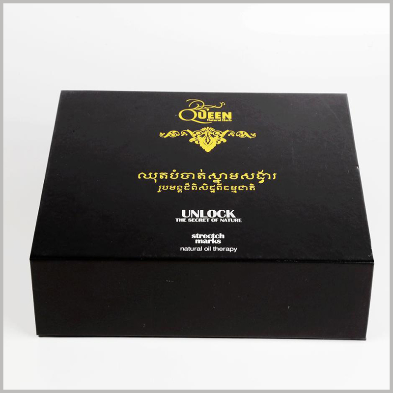 skin care essential oil packaging boxes with bronzing printing.This box is of high quality, has no chromatic aberration, and is durable and effective in protecting the product.