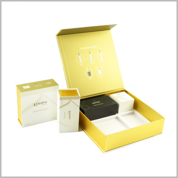 skincare packaging boxes set. Put EVA inside the gift boxes to fix different skin care products packaging and also have a good effect on product display.