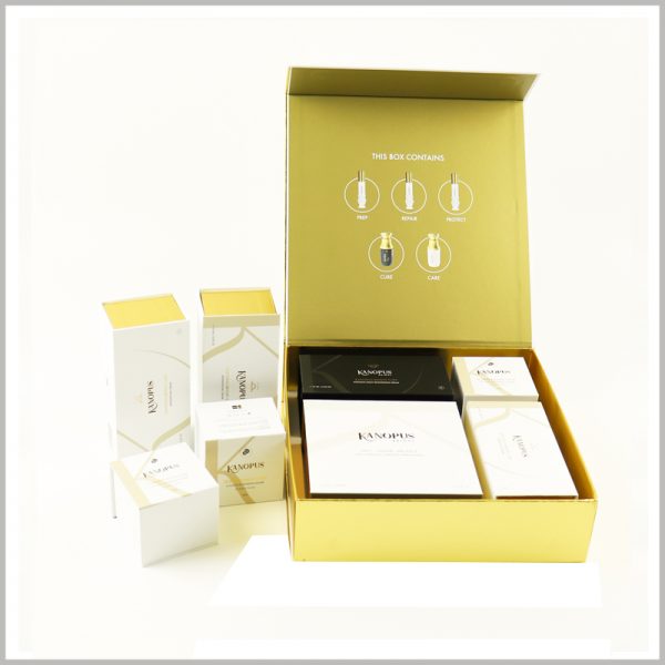 skincare packaging hold 4 boxes. Customized packaging will be able to completely match the product, and it has a very high cost-effective for the promotion of the product and the brand.