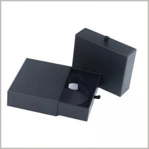 small black cardboard boxes for perfume bottle packaging.The inside of the box has black flocking EVA. The hollow part of EVA is consistent with the perfume glass bottle, which can embed the perfume in it.