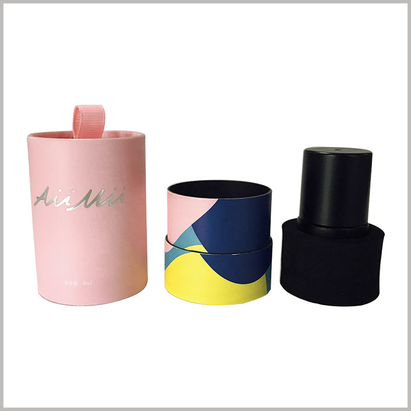 small round boxes for single nail polish packaging. In order to avoid direct contact between the nail polish glass bottle and the inner wall of the paper tube, the EVA ring is used as an insert inside the box to fix the nail polish.