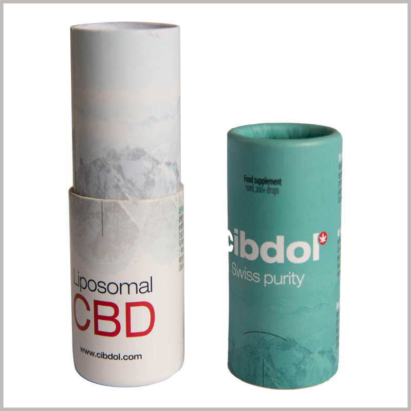 small round cardboard boxes for cbd essential oil packaging.Many essential oil brands ignore the beauty of the inner tube of the paper tube, but you can laminate printed coated paper to the inner tube to improve the aesthetics of the cardboard tube package.