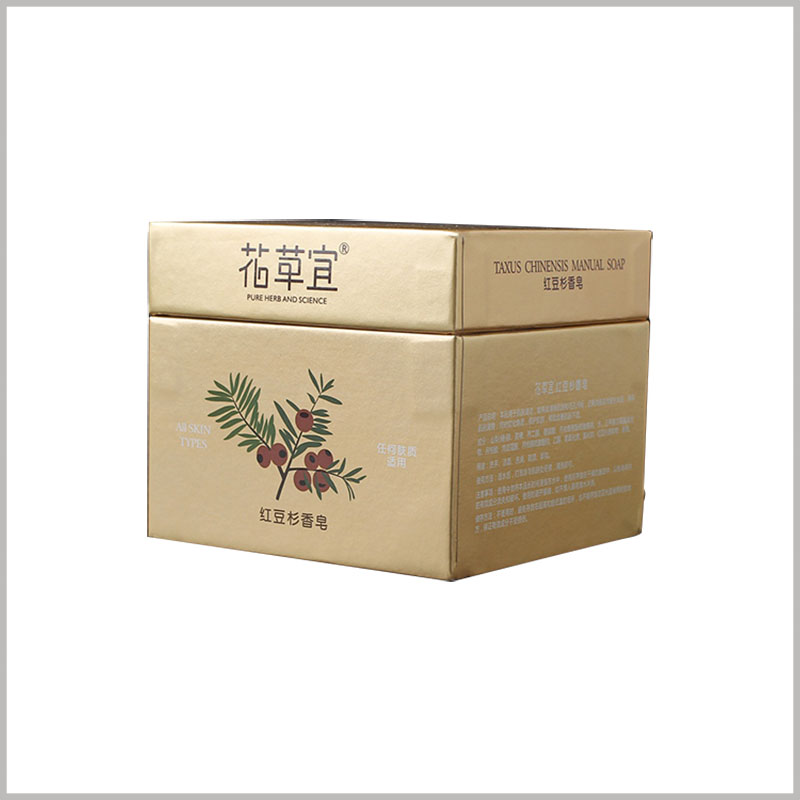 square gold cardboard soap boxes packaging. 157g gold cardboard is used as laminated paper to make the whole box present a luxurious golden visual sense.